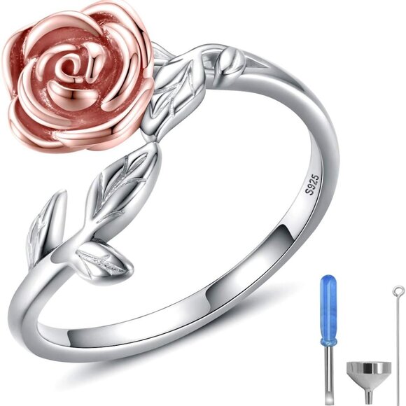 Rose Cremation Urn Jewelry for Ashes - 925 Sterling Silver Memorial Keepsake Rin - Picture 1 of 7